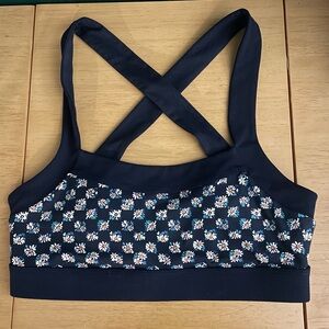 NWOT FABLETICS sz Medium Low Impact Sports Bra Floral Navy Blue Crossback